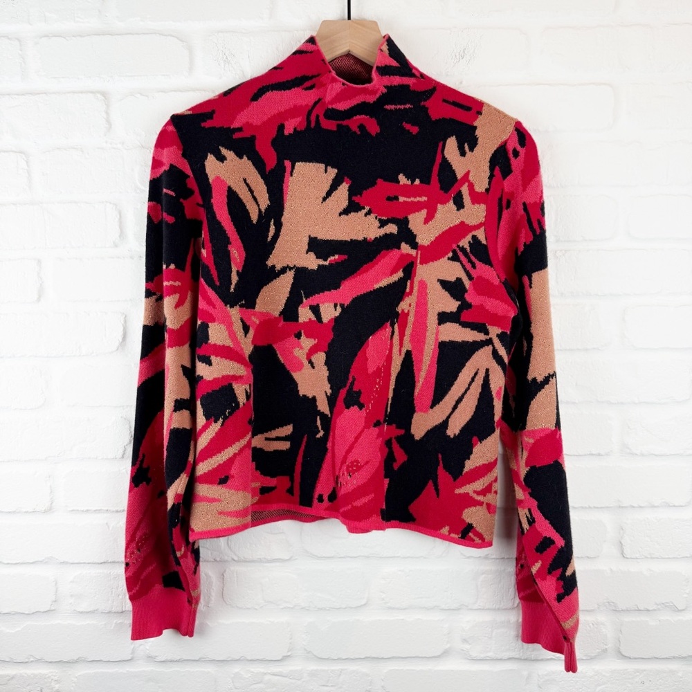 a love story Red Black Metallic Abstract Print Mock Neck Sweater knit pullover L